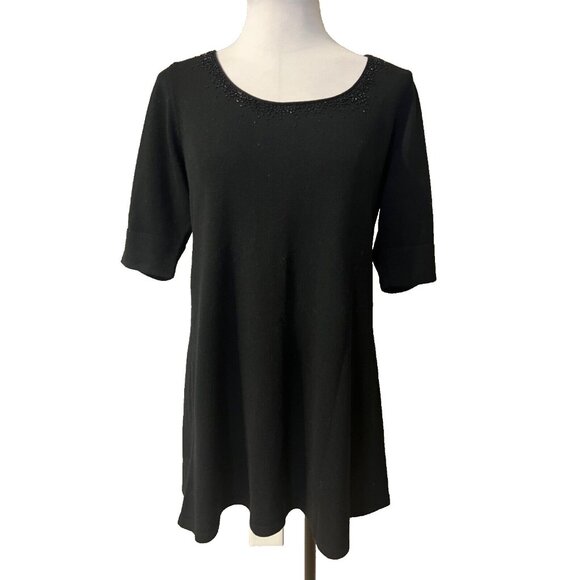 Eileen Fisher Women's Sweater M Medium Black Beaded Merino Wool Short Sleeve - Picture 2 of 13